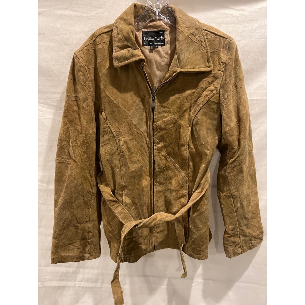 Leather Works Vintage Patchwork Suede Belted Zip Up Jacket Tan Camel Large